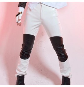 Black and white black and red patchwork leather fashion motor cycle men's male mans stage performance jazz singer punk rock hip hop dance long straight pants trousers